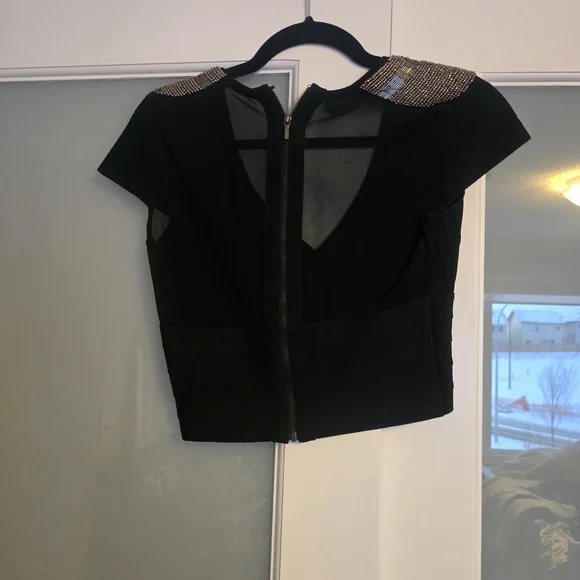 bebe Black Cropped V-Neck Top with Gold-Beaded Shoulders - Picture 3 of 3